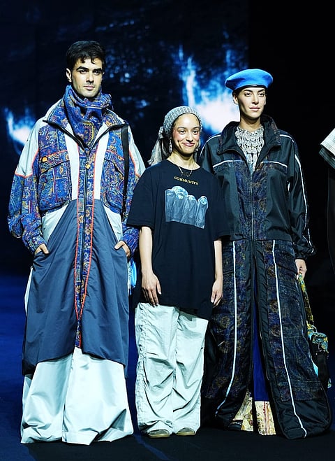Models present creations by British-Yemeni designer Kazna Asker in association with Fashion Trust Arabia during the Fashion Design Council of India (FDCI) Lakme Fashion Week (LFW) in Mumbai, 29 March 2025. 