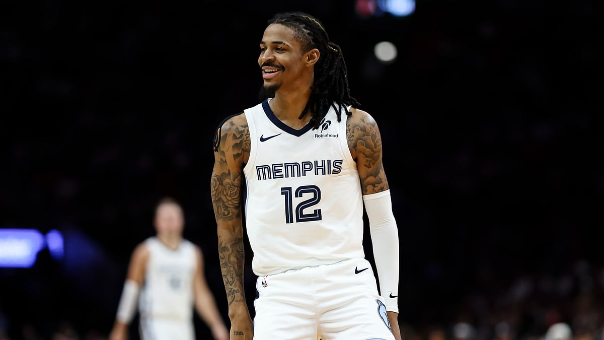 Guard Ja Morant smiles during the Memphis Grizzlies' game vs. the Miami Heat on April 3, 2025.