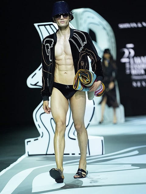 Model presents a creation by Shivan and Narresh the Fashion Design Council of India (FDCI) Lakme Fashion Week (LFW) in Mumbai, 29 March 2025. 
