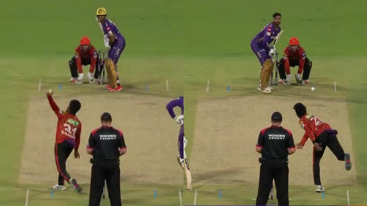 Kamindu Mendis bowling against KKR. - Composite of Cccv photos