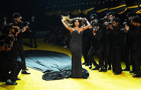 Bollywood actress Jahnvi Kapoor presents a creation by Rahul Mishra during the Fashion Design Council of India (FDCI) Lakme Fashion Week (LFW) in Mumbai, 29 March 2025. 