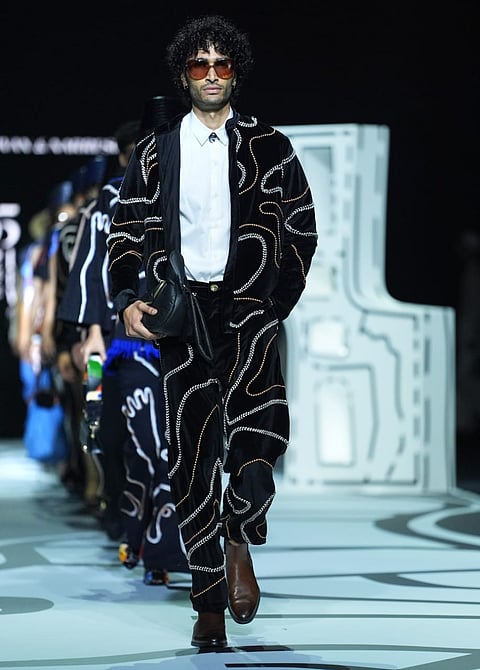 Models presents a creation by Shivan and Narresh the Fashion Design Council of India (FDCI) Lakme Fashion Week (LFW) in Mumbai, 29 March 2025.