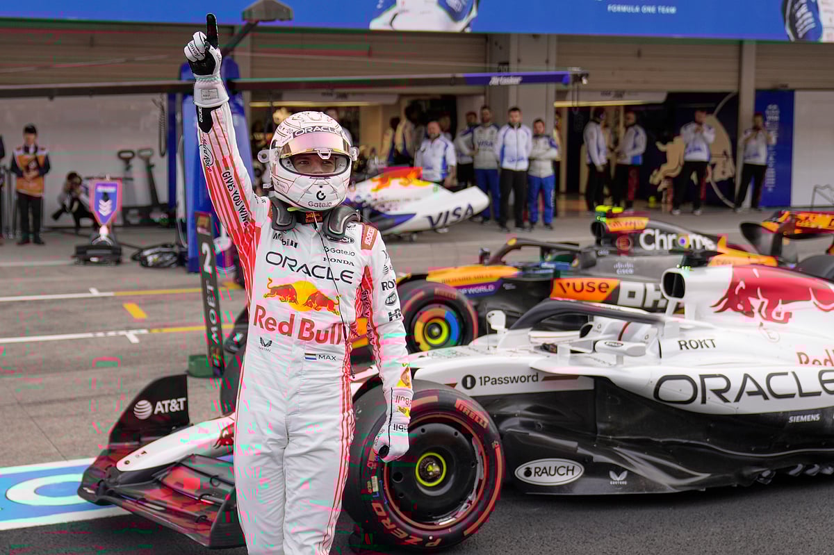  (AP Photo/Shuji Kajiyama)
 : Red Bull driver Max Verstappen of the Netherlands celebrates after the qualifying session for the Japanese Formula One Grand Prix at the Suzuka Circuit in Suzuka, central Japan, Saturday, April 5, 2025.

