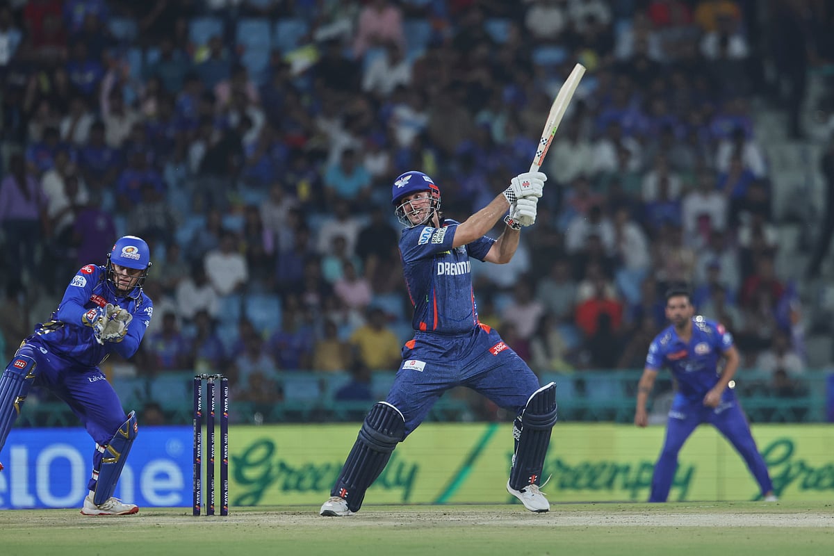 Lucknow Super Giants' Mitchell Marsh plays a shot during the Indian Premier League cricket match between Lucknow Super Giants and Mumbai Indians at Bharat Ratna Shri Atal Bihari Vajpayee Ekana Cricket Stadium in Lucknow, India, Friday, April 4, 2025.  - (AP Photo)