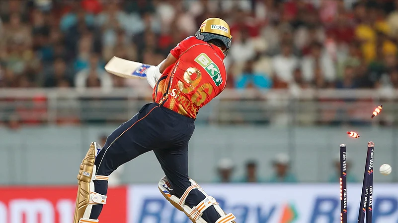 Punjab Kings captain Shreyas Iyer is bowled out by Rajasthan Royals. AP