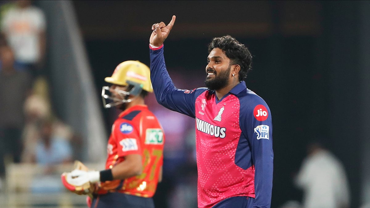 AP Photo/Surjeet Yadav : Rajasthan Royals' Wanindu Hasaranga celebrates after the dismissal of Punjab Kings' Nehal Wadhera during the Indian Premier League cricket match between Punjab Kings and Rajasthan Royals at Maharaja Yadavindra Singh Cricket Stadium in Mohali.