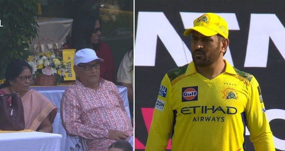 MS Dhoni’s parents added a special touch to CSK’s clash against Delhi Capitals at Chepauk on Saturday. - Screengrab