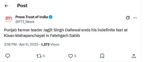 Screengrab of PTI tweet on Dallewal ending fast.