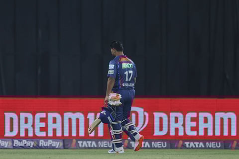 Lucknow Super Giants' captain Rishabh Pant walks off the field after losing his wicket during the Indian Premier League game against Mumbai Indians.