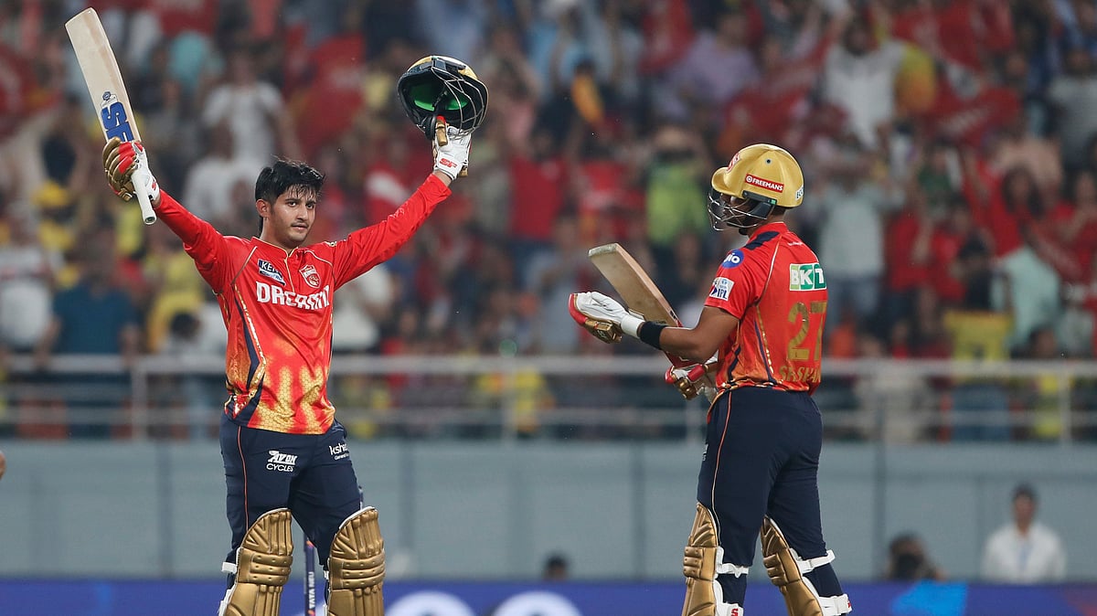 AP Photo/Surjeet Yadav : Punjab Kings' Priyansh Arya, left, celebrates after scoring a century during the Indian Premier League cricket match between Punjab Kings and Chennai Super Kings at Maharaja Yadavindra Singh Cricket Stadium in Mohali.