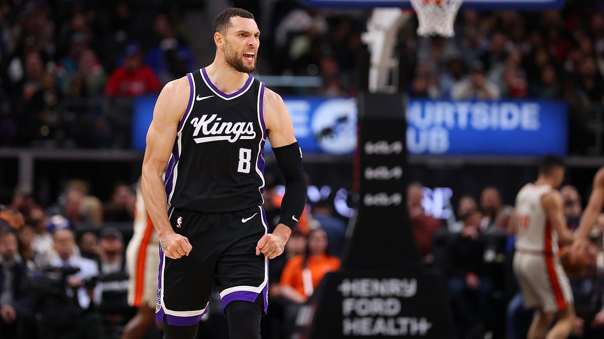 Guard Zach LaVine celebrates during the Sacramento Kings' win over the Detroit Pistons on April 7, 2025.