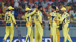 AP Photo/Surjeet Yadav : Chennai Super Kings' Mukesh Choudhary, third right, celebrates with teammates after the dismissal of Punjab Kings' Prabhsimran Singh during the Indian Premier League cricket match between Punjab Kings and Chennai Super Kings at Maharaja Yadavindra Singh Cricket Stadium in Mohali.