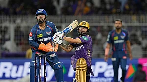 | AP Photo : Kolkata Knight Riders' Rinku Singh plays a shot during their Indian Premier League (IPL) 2025 cricket match against Lucknow Super Giants at Eden Gardens in Kolkata on April 8, 2025.
