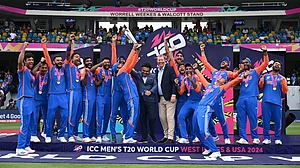 Photo: X | BCCI : Indian men's cricket team celebrating after winning the ICC T20 World Cup 2024.