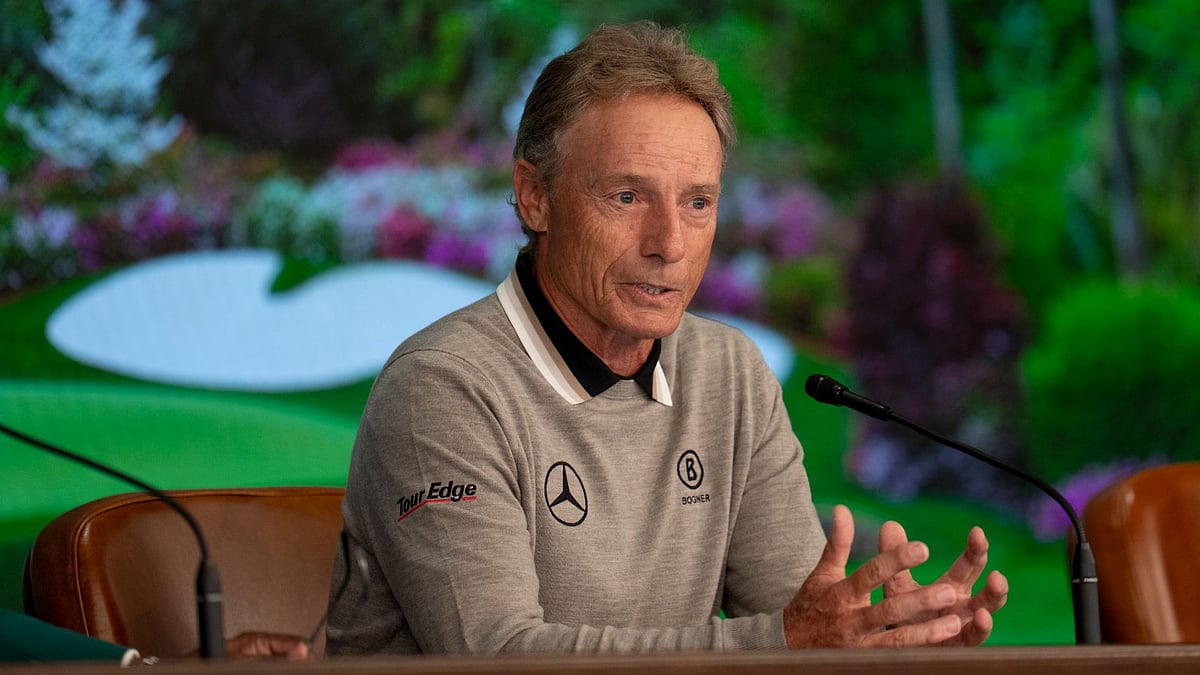 Langer addresses the media at Augusta on Monday.