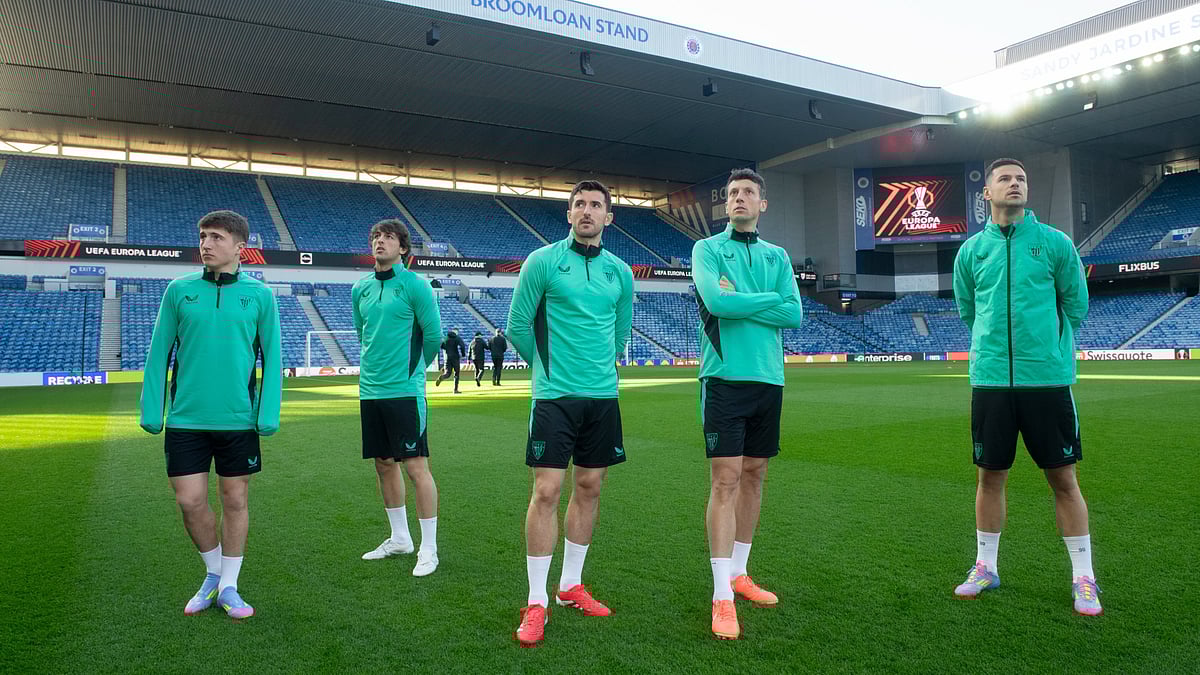 Photo: X | Athletic Club : Athletic Bilbao team players during a practice session at Ibrox Stadium in Glasgow.