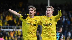 Ulrik Saltnes and Jens Petter Hauge celebrate the former's goal