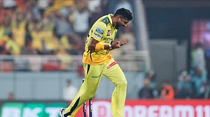AP Photo/Surjeet Yadav : Chennai Super Kings' Khaleel Ahmed celebrates the dismissal of Punjab Kings' captain Shreyas Iyer during the Indian Premier League cricket match between Punjab Kings and Chennai Super Kings at Maharaja Yadavindra Singh Cricket Stadium in Mohali.