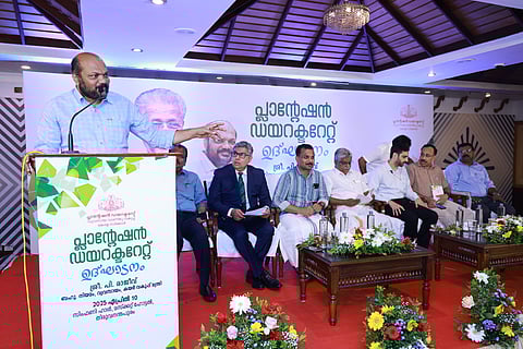 Minister for Industries, Law and Coir, Shri P Rajeeve speaking at the inauguration of the office of Plantation Directorate of the Department of Industries and Commerce in Thiruvananthapuram on Thursday. Also seen are MLAs Shri V K Prasanth and Shri Vazhoor Soman (Peerumedu); Shri S Harikishore, IAS, MD, KSIDC; Shri Mir Mohammed Ali, IAS, Director of Industries and Special Officer (Plantations); Shri Santhosh Koshy Thomas, MD, KINFRA; and Shri K Mathew Abraham, Chairman, United Planters Association of Southern India.