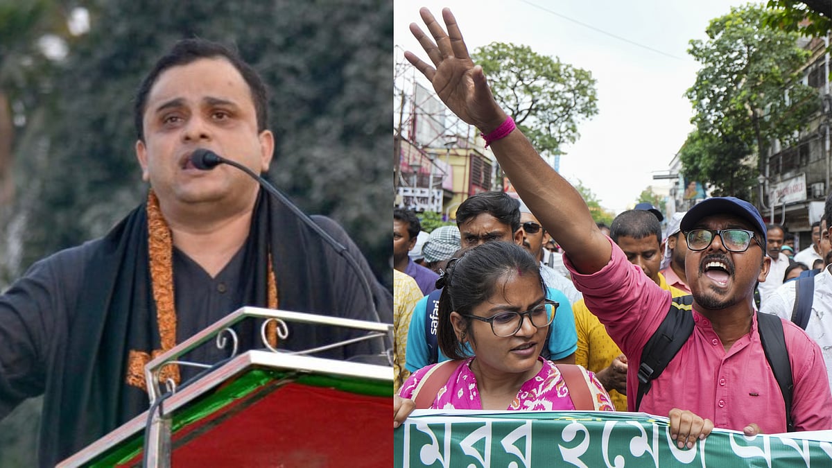 PTI : West Bengal: Education Minister Bratya Basu (L); Protesting teachers who lost jobs(R)