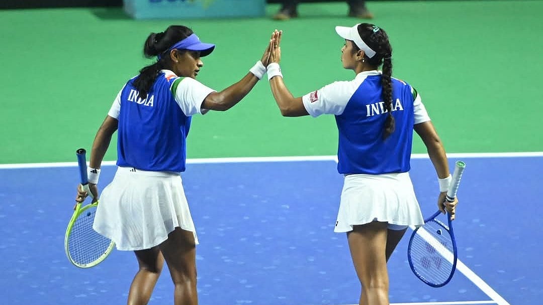 Indian tennis players celebrate their win at the Billie Jean King Cup Asia-Oceania Group I. - X/ All India Tennis Association