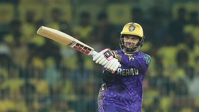 Kolkata Knight Riders' Sunil Narine plays a shot during the Indian Premier League match against Chennai Super Kings. - (AP Photo)