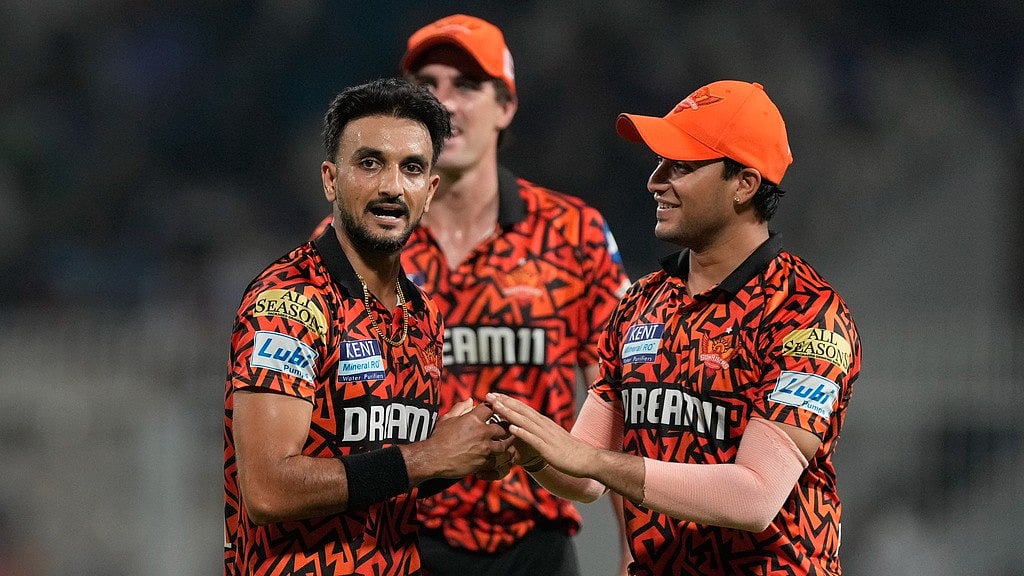 AP : Sunrisers Hyderabad's Harshal Patel, left, celebrates a Kolkata Knight Riders wicket during the Indian Premier League.