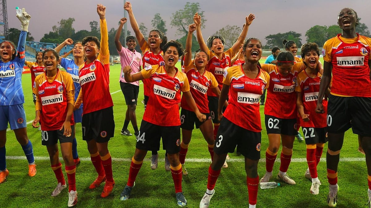 AIFF Media : East Bengal players celebrate after winning the Indian Women’s League title.