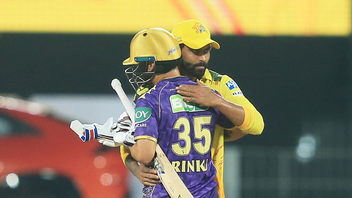 AP Photo/R. Parthibhan : Kolkata Knight Riders' Rinku Singh, left, congratulated by Chennai Super Kings' Ravindra Jadeja after his team won the Indian Premier League cricket match between Chennai Super Kings and Kolkata Knight Riders at M. A. Chidambaram Stadium in Chennai.