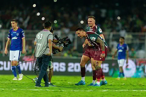 Mohun Bagan's Alberto Rodriguez screams in front of a camera afer winning against Benglauru FC.