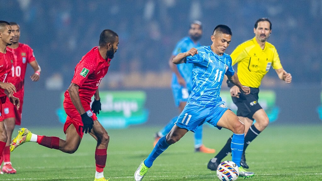AIFF Photo : Sunil Chhetri in action during India's AFC Asian Cup 2027 qualifying final round Group C match at the Jawaharlal Nehru Stadium in Shillong on March 25, 2025.