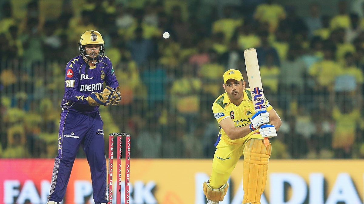 Chennai Super Kings' captain Mahendra Singh Dhoni plays a shot during the Indian Premier League cricket match between Chennai Super Kings and Kolkata Knight Riders at M. A. Chidambaram Stadium in Chennai. - AP Photo/R. Parthibhan
