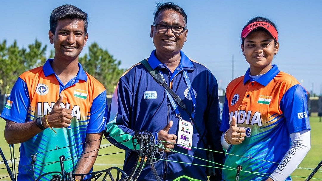 X/World Archery : The Indian compound mixed archery team of Jyothi Surekha Vennam (left) and Rishabh Yadav (right).