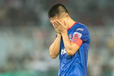 Bengaluru FC's Sunil Chhetri reacts after the ISL 2024-25 final match against Bengaluru FC.