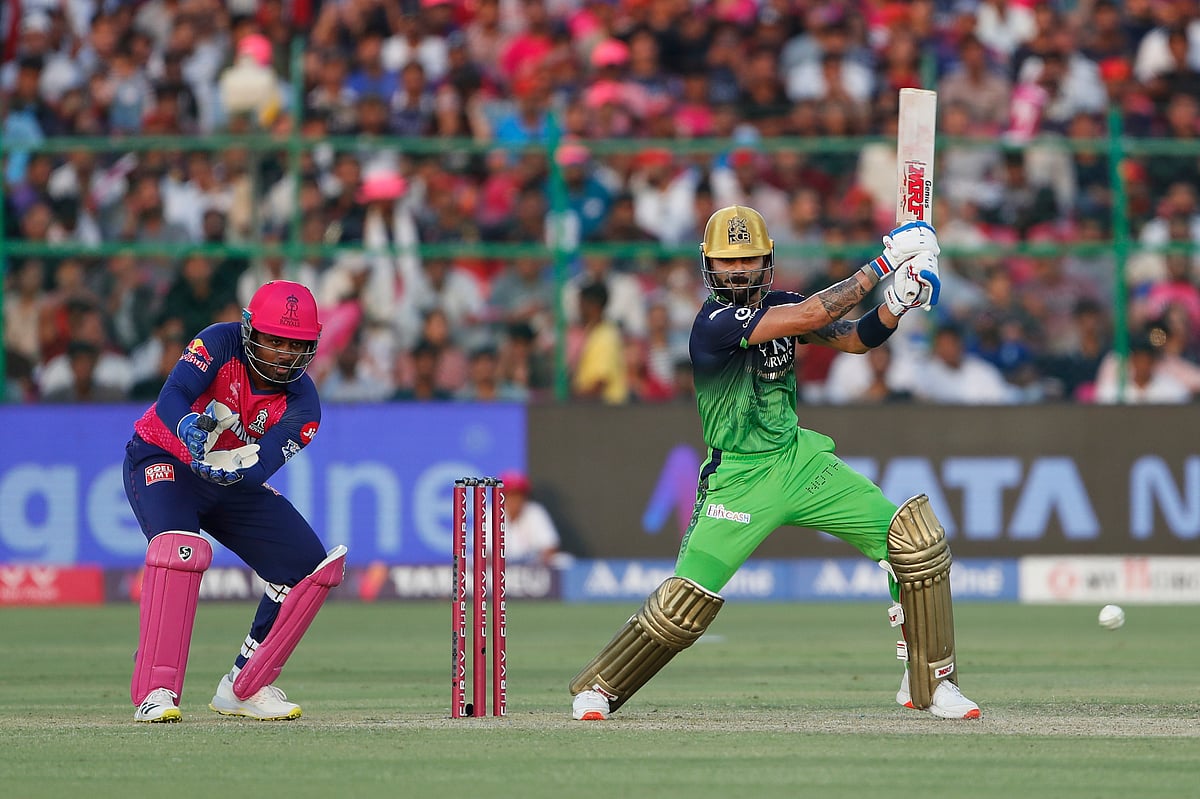 (AP Photo/Surjeet Yadav)
 : Royal Challengers Bengaluru's Virat Kohli plays a shot during the Indian Premier League cricket match between Rajasthan Royals and Royal Challengers Bengaluru at Sawai Mansingh Stadium in Jaipur, India, Sunday, April 13, 2025. 

