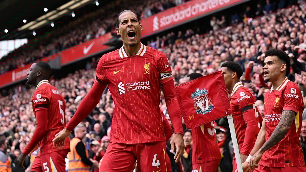 Virgil van Dijk celebrates his late heroics on Sunday