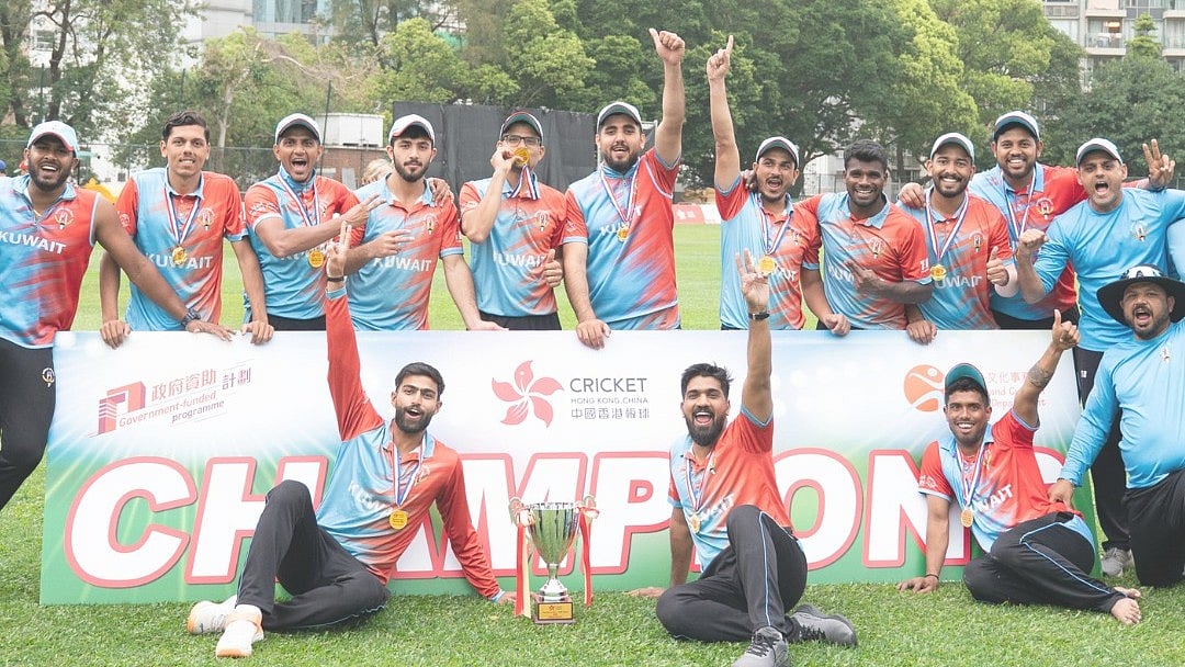 Kuwait celebrate with the T20I Quadrangular Series trophy