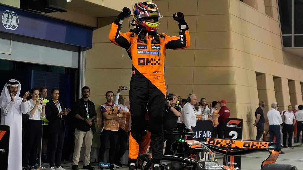 Photo: AP : McLaren driver Oscar Piastri of Australia celebrates after winning the Formula One Bahrain Grand Prix in Sakhir.