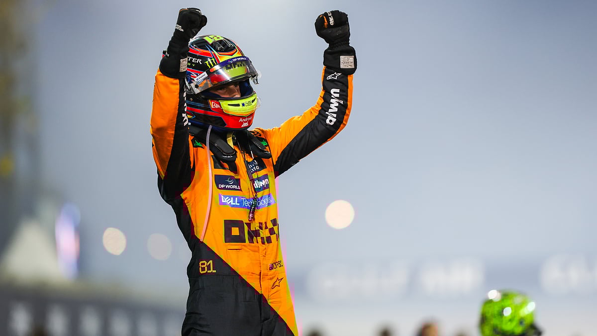 Oscar Piastri celebrates his win in Bahrain