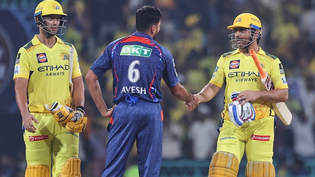 (AP Photo) : Lucknow Super Giants' Avesh Khan congratulates Chennai Super Kings' Mahendra Singh Dhoni after CSK beat LSG.