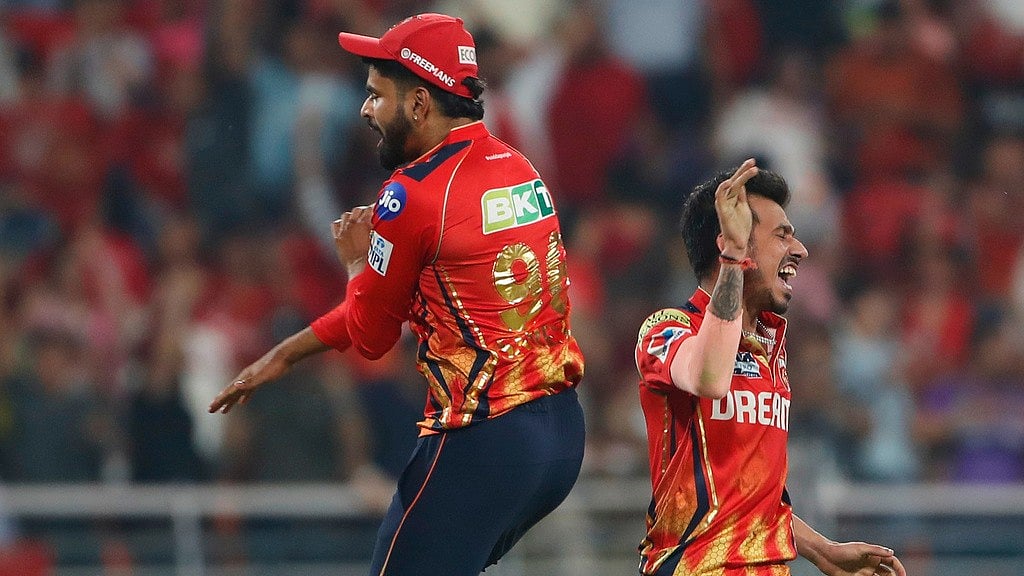 Punjab Kings' captain Shreyas Iyer, left, and Yuzvendra Chahal celebrate after their win in the Indian Premier League cricket match against Kolkata Kings Riders at Maharaja Yadavindra Singh Cricket Stadium in Mohali, India, Tuesday, April 15, 2025. - AP/Surjeet Yadav
