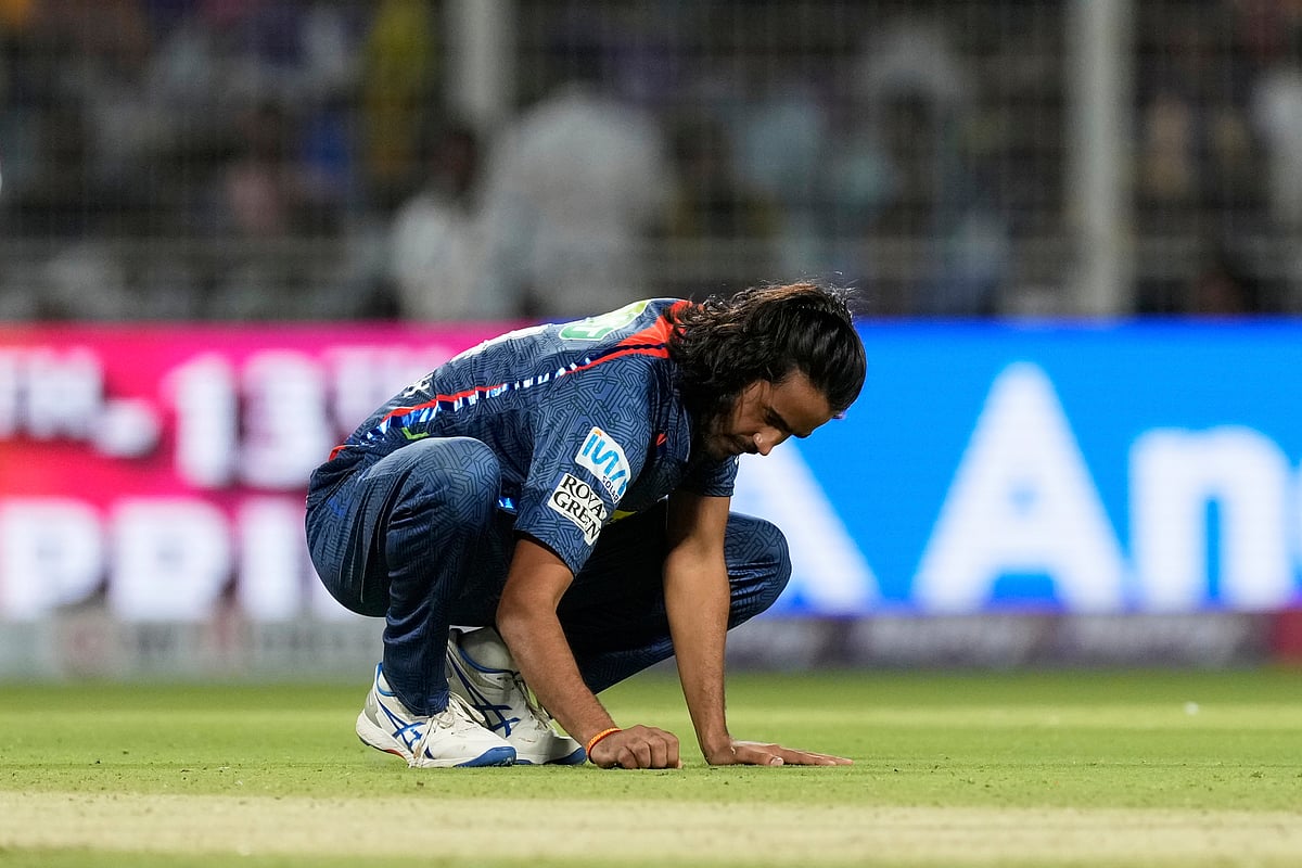 (AP Photo/Bikas Das) : Lucknow Super Giants' Digvesh Rathi celebrates the dismissal of Kolkata Knight Riders' Sunil Narine during the Indian Premier League cricket match between Kolkata Knight Riders and Lucknow Super Giants at Eden Gardens in Kolkata, India, Tuesday, April 8, 2025.
