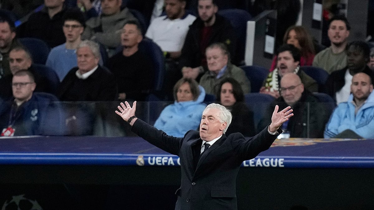 Real Madrid's head coach Carlo Ancelotti reacts during their UEFA Champions League quarter-final second-leg match against Arsenal at the Santiago Bernabeu Stadium in Madrid, Spain on April 16, 2025. - AP/Bernat Armangue