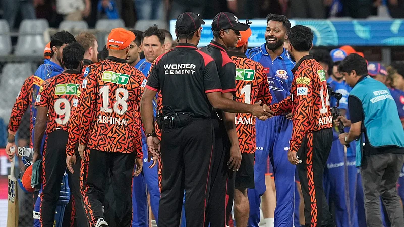 Mumbai Indians captain Hardik Pandya, second right facing camera. AP