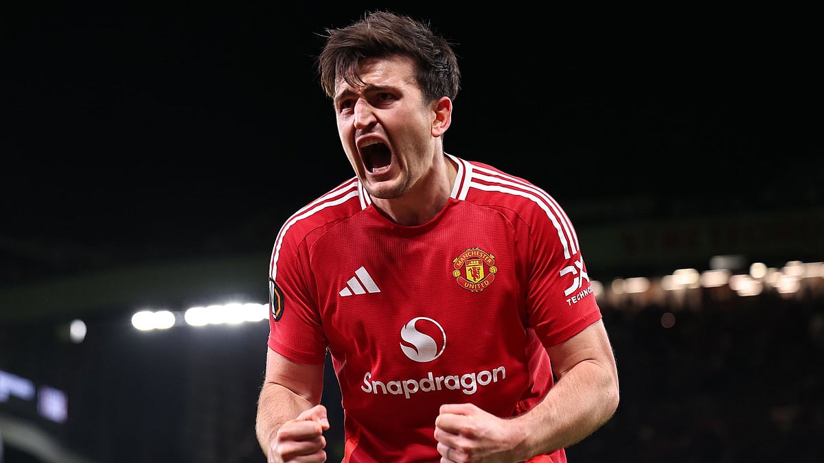 Maguire celebrates after scoring his dramatic winner