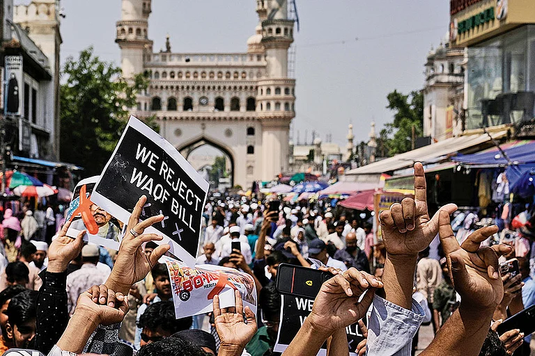 Future Concerns: A protest against the Waqf Act, 2025, outside the Mecca Mosque at Hyderabad  - | Photo: AP