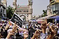 | Photo: AP : Future Concerns: A protest against the Waqf Act, 2025, outside the Mecca Mosque at Hyderabad 