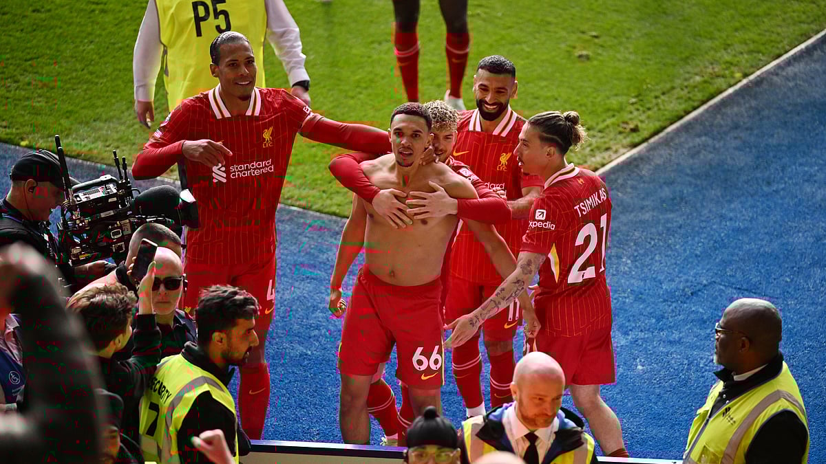 Trent Alexander-Arnold celebrates his goal against Leicester