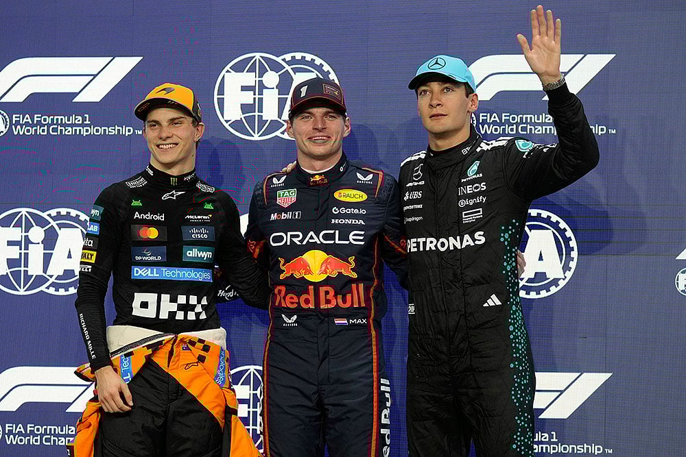 | Photo: AP/Darko Bandic : Saudi Arabian Grand Prix F1 Qualifying session: Max Verstappen with Oscar Piastri andGeorge Russell