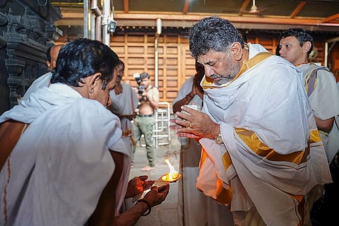 DK Shivakumar at Dharmasthala Sri Manjunatha Swamy Temple